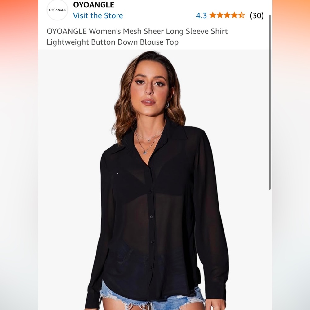 Black Sheer Long Sleev Button Down, M